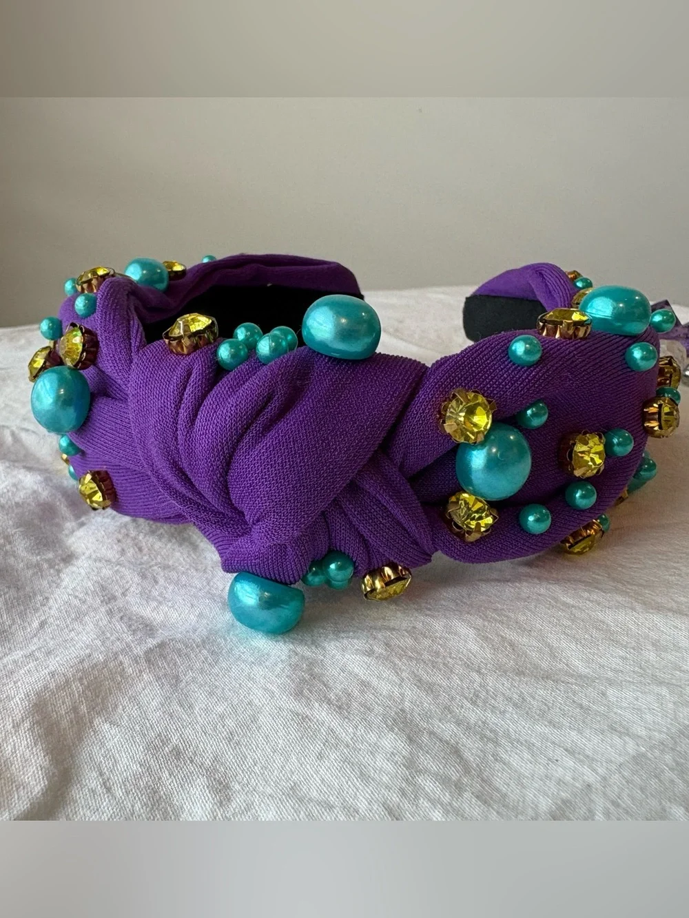 Mardi Gras Purple Knotted Headband with Turquoise Beads and Gold Accents